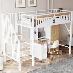 Lit Mezzanine 90x200 cm - Lit Enfant/Ado avec Escalier de Sécurité, Design Boule et Fenêtre, Métal Blanc