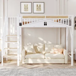 Lit Mezzanine 90x200 cm - Lit Enfant/Ado avec Escalier de Sécurité, Design Boule et Fenêtre, Métal Blanc