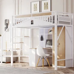 Lit Mezzanine 90x200 cm - Lit Enfant/Ado avec Escalier de Sécurité, Design Boule et Fenêtre, Métal Blanc