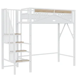 Lit Mezzanine 90x200 cm - Lit Enfant/Ado avec Escalier de Sécurité, Design Boule et Fenêtre, Métal Blanc