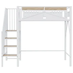 Lit Mezzanine 90x200 cm - Lit Enfant/Ado avec Escalier de Sécurité, Design Boule et Fenêtre, Métal Blanc