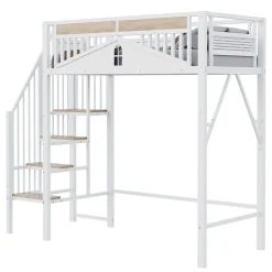 Lit Mezzanine 90x200 cm - Lit Enfant/Ado avec Escalier de Sécurité, Design Boule et Fenêtre, Métal Blanc