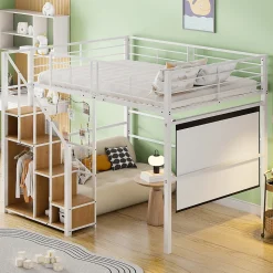 Lit Mezzanine 140x200 cm - Lit enfant en Métal Blanc avec Échelle de Sécurité et Rangement Intégré, Sans Matelas