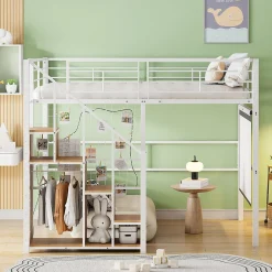 Lit Mezzanine 140x200 cm - Lit enfant en Métal Blanc avec Échelle de Sécurité et Rangement Intégré, Sans Matelas