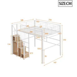 Lit Mezzanine 140x200 cm - Lit enfant en Métal Blanc avec Échelle de Sécurité et Rangement Intégré, Sans Matelas