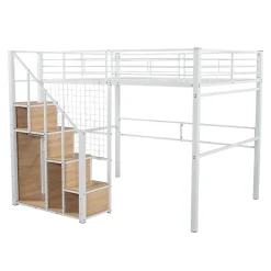 Lit Mezzanine 140x200 cm - Lit enfant en Métal Blanc avec Échelle de Sécurité et Rangement Intégré, Sans Matelas