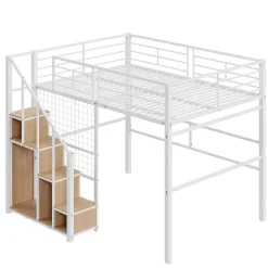 Lit Mezzanine 140x200 cm - Lit enfant en Métal Blanc avec Échelle de Sécurité et Rangement Intégré, Sans Matelas