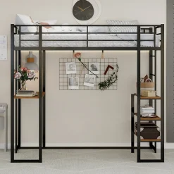 Lit Mezzanine 90x200 cm - Lit Enfant Metal avec Bureau en L, Garde-Corps et Échelle Réversible, Noir, sans Matelas