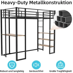 Lit Mezzanine 90x200 cm - Lit Enfant Metal avec Bureau en L, Garde-Corps et Échelle Réversible, Noir, sans Matelas