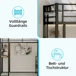 Lit Mezzanine 90x200 cm - Lit Enfant Metal avec Bureau en L, Garde-Corps et Échelle Réversible, Noir, sans Matelas