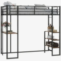 Lit Mezzanine 90x200 cm - Lit Enfant Metal avec Bureau en L, Garde-Corps et Échelle Réversible, Noir, sans Matelas