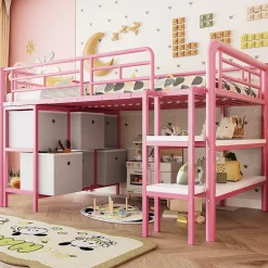 Lit Mezzanine 90x200 cm - Lit Enfant avec Tiroirs et Étagères, Angles Arrondis - Sans Matelas - Métal et MDF - Rose