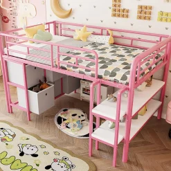 Lit Mezzanine 90x200 cm - Lit Enfant avec Tiroirs et Étagères, Angles Arrondis - Sans Matelas - Métal et MDF - Rose