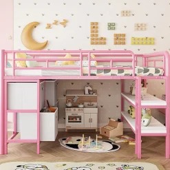 Lit Mezzanine 90x200 cm - Lit Enfant avec Tiroirs et Étagères, Angles Arrondis - Sans Matelas - Métal et MDF - Rose