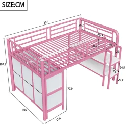 Lit Mezzanine 90x200 cm - Lit Enfant avec Tiroirs et Étagères, Angles Arrondis - Sans Matelas - Métal et MDF - Rose