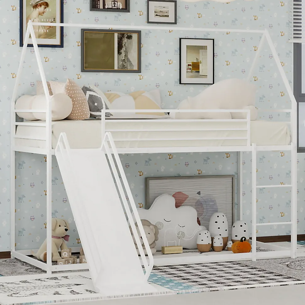 Lit Mezzanine 90x190 cm - Lit Enfant Simple Style Cabane avec Toboggan et Échelle Sécurisée - en Fer - sans Matelas - Blanc