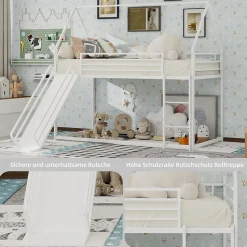 Lit Mezzanine 90x190 cm - Lit Enfant Simple Style Cabane avec Toboggan et Échelle Sécurisée - en Fer - sans Matelas - Blanc