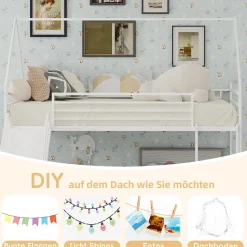 Lit Mezzanine 90x190 cm - Lit Enfant Simple Style Cabane avec Toboggan et Échelle Sécurisée - en Fer - sans Matelas - Blanc