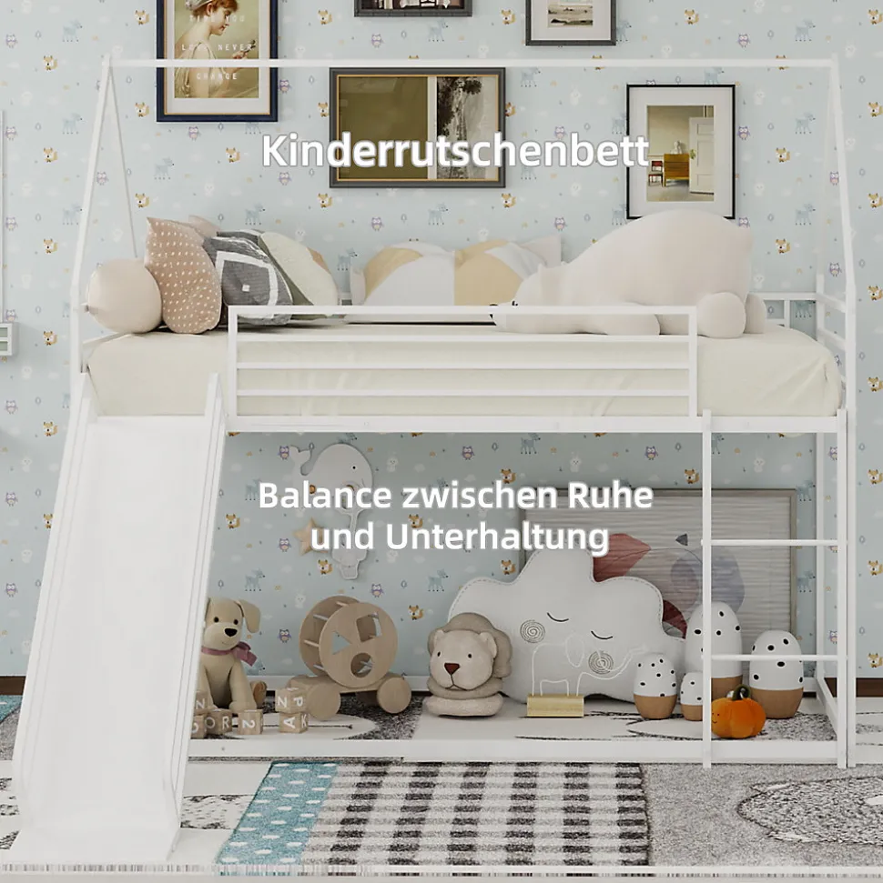 Lit Mezzanine 90x190 cm - Lit Enfant Simple Style Cabane avec Toboggan et Échelle Sécurisée - en Fer - sans Matelas - Blanc