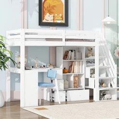 Lit Mezzanine 90x200 cm - Lit enfant avec Bureau et Rangement, Échelle, MDF - Sans Matelas - Blanc