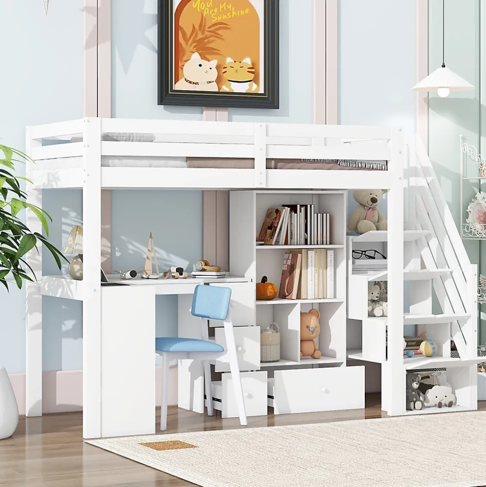 Lit Mezzanine 90x200 cm - Lit enfant avec Bureau et Rangement, Échelle, MDF - Sans Matelas - Blanc
