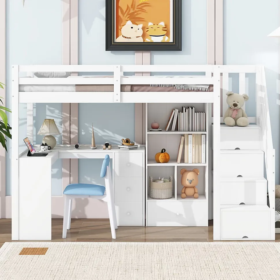 Lit Mezzanine 90x200 cm - Lit enfant avec Bureau et Rangement, Échelle, MDF - Sans Matelas - Blanc