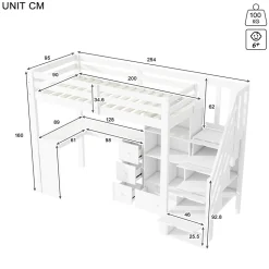 Lit Mezzanine 90x200 cm - Lit enfant avec Bureau et Rangement, Échelle, MDF - Sans Matelas - Blanc