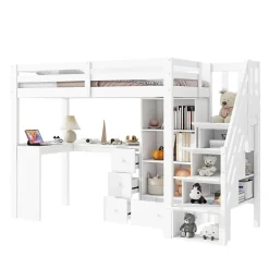 Lit Mezzanine 90x200 cm - Lit enfant avec Bureau et Rangement, Échelle, MDF - Sans Matelas - Blanc