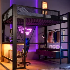 Lit Mezzanine 140x200 cm - Lit en Métal avec Bureau et Armoire ouverte, Tiroirs de Rangement, LED et USB, Sans Matelas, Noir