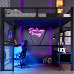 Lit Mezzanine 140x200 cm - Lit en Métal avec Bureau et Armoire ouverte, Tiroirs de Rangement, LED et USB, Sans Matelas, Noir