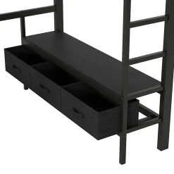 Lit Mezzanine 140x200 cm - Lit en Métal avec Bureau et Armoire ouverte, Tiroirs de Rangement, LED et USB, Sans Matelas, Noir