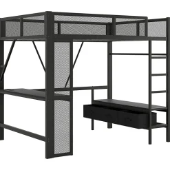 Lit Mezzanine 140x200 cm - Lit en Métal avec Bureau et Armoire ouverte, Tiroirs de Rangement, LED et USB, Sans Matelas, Noir