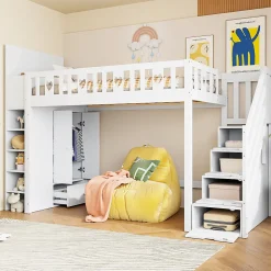 Lit Mezzanine 90x200 cm - Lit enfant avec Échelle et Rangement, Lit Combiné avec Espace de Rangement, Bois Massif - Blanc