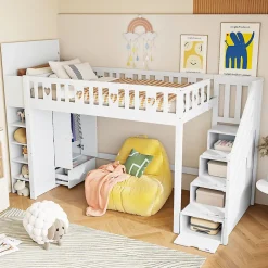 Lit Mezzanine 90x200 cm - Lit enfant avec Échelle et Rangement, Lit Combiné avec Espace de Rangement, Bois Massif - Blanc