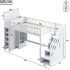 Lit Mezzanine 90x200 cm - Lit enfant avec Échelle et Rangement, Lit Combiné avec Espace de Rangement, Bois Massif - Blanc