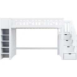Lit Mezzanine 90x200 cm - Lit enfant avec Échelle et Rangement, Lit Combiné avec Espace de Rangement, Bois Massif - Blanc
