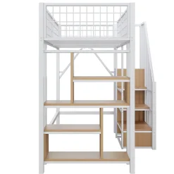 Lit Mezzanine 90x200 cm - Lit enfant et Adulte avec Rangement, Étagères et Escalier Sécurisé, Métal Blanc, Sans Matelas