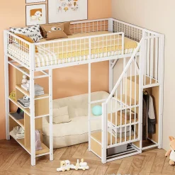 Lit Mezzanine 90x200 cm - Lit enfant et Adulte avec Rangement, Étagères et Escalier Sécurisé, Métal Blanc, Sans Matelas