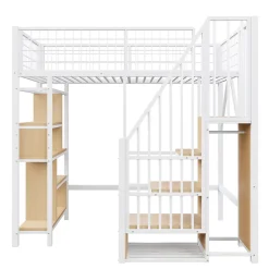 Lit Mezzanine 90x200 cm - Lit enfant et Adulte avec Rangement, Étagères et Escalier Sécurisé, Métal Blanc, Sans Matelas