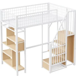 Lit Mezzanine 90x200 cm - Lit enfant et Adulte avec Rangement, Étagères et Escalier Sécurisé, Métal Blanc, Sans Matelas