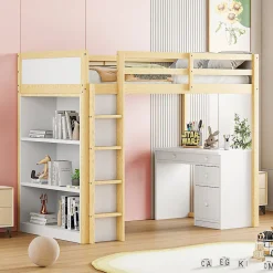 Lit Mezzanine 90x200 cm - Lit enfant avec Bureau et Rangement, Lit Combiné Bois Naturel et Blanc, Sans Matelas