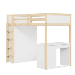 Lit Mezzanine 90x200 cm - Lit enfant avec Bureau et Rangement, Lit Combiné Bois Naturel et Blanc, Sans Matelas