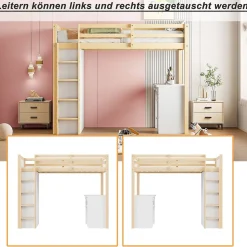 Lit Mezzanine 90x200 cm - Lit enfant avec Bureau et Rangement, Lit Combiné Bois Naturel et Blanc, Sans Matelas