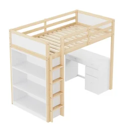 Lit Mezzanine 90x200 cm - Lit enfant avec Bureau et Rangement, Lit Combiné Bois Naturel et Blanc, Sans Matelas