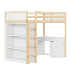 Lit Mezzanine 90x200 cm - Lit enfant avec Bureau et Rangement, Lit Combiné Bois Naturel et Blanc, Sans Matelas