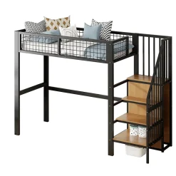 Lit Mezzanine 90x200 cm - Lit enfant avec Rangement, Étagères et Armoire Intégrée, Métal Noir, Échelle Sécurisée, Sans Matelas