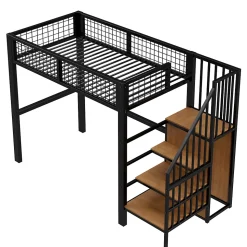 Lit Mezzanine 90x200 cm - Lit enfant avec Rangement, Étagères et Armoire Intégrée, Métal Noir, Échelle Sécurisée, Sans Matelas