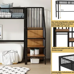 Lit Mezzanine 90x200 cm - Lit enfant avec Rangement, Étagères et Armoire Intégrée, Métal Noir, Échelle Sécurisée, Sans Matelas