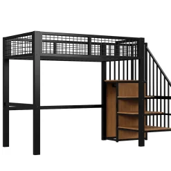 Lit Mezzanine 90x200 cm - Lit enfant avec Rangement, Étagères et Armoire Intégrée, Métal Noir, Échelle Sécurisée, Sans Matelas