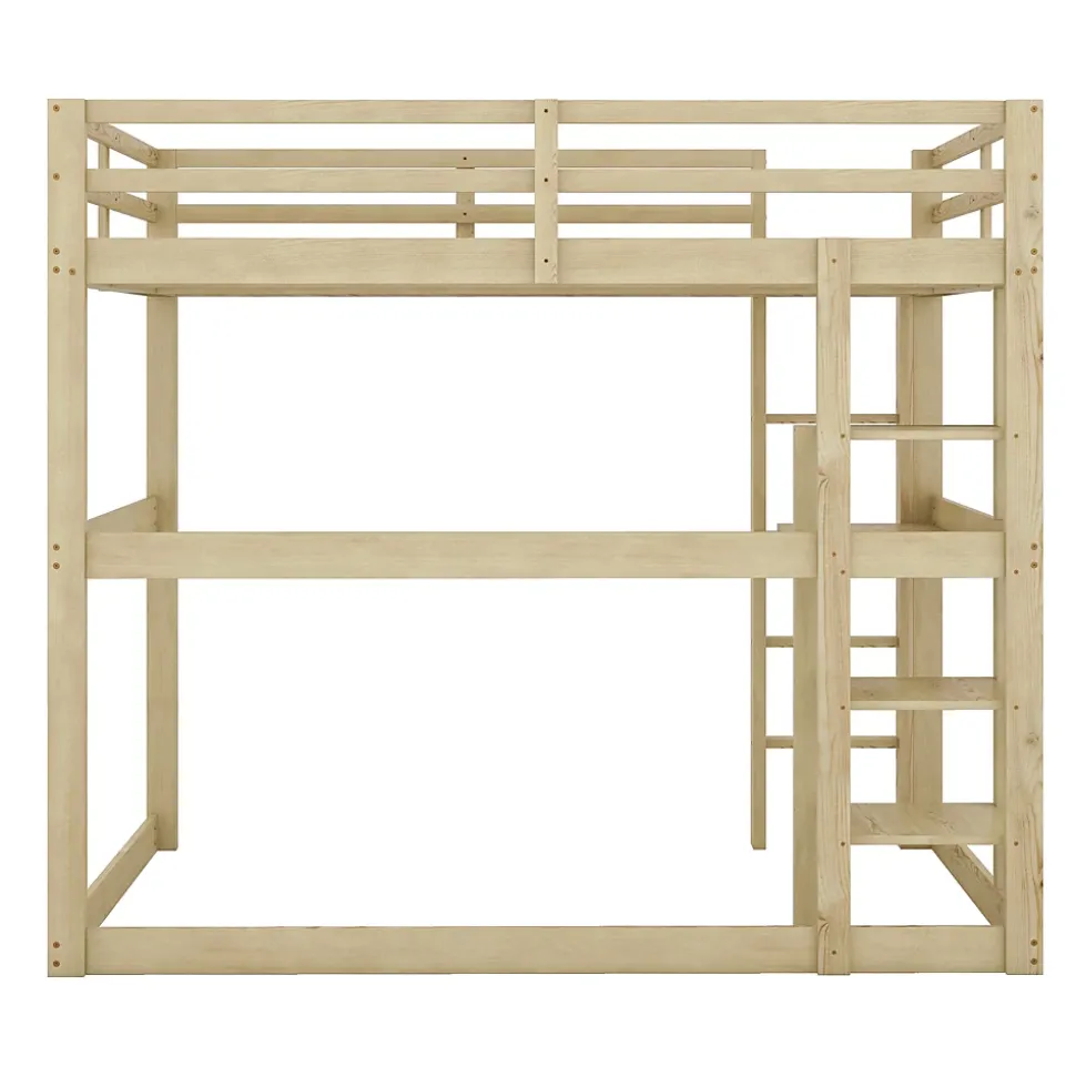 Lit Mezzanine 140x200 cm - Lit en Bois avec Bureau et 4 Compartiments de Rangement, Lit en Pin Naturel, Sans Matelas